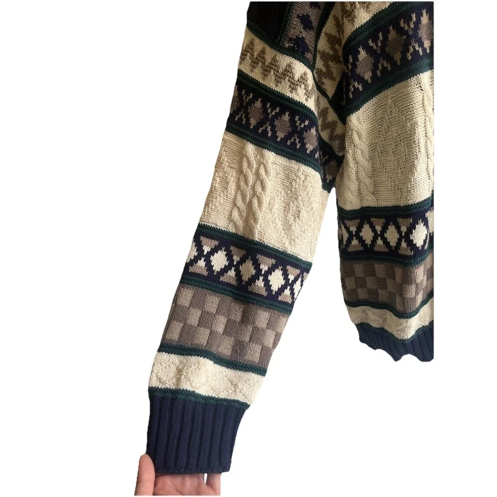 Vtg Royal Knight Grandpa Sweater Abstract Pattern Geometric Checkers Chunky Blue